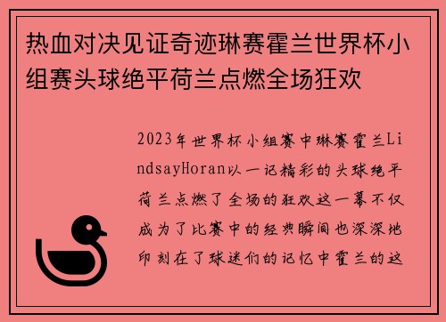 热血对决见证奇迹琳赛霍兰世界杯小组赛头球绝平荷兰点燃全场狂欢